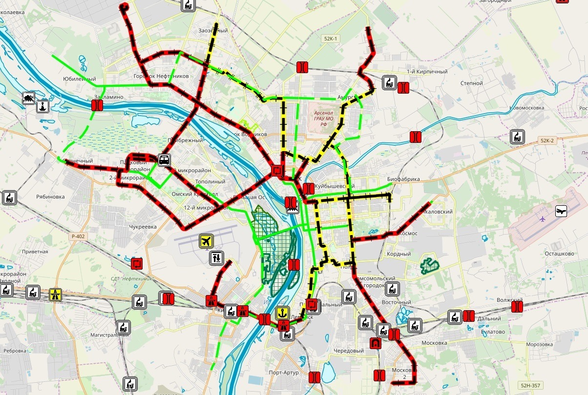 Новые трамвайные рельсы (красные), ремонт трамвайных рельсов (желтые), новые троллейбусные линии (зеленые)