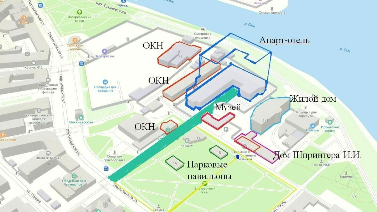 План объектов, которые находятся на территории Омской крепости
